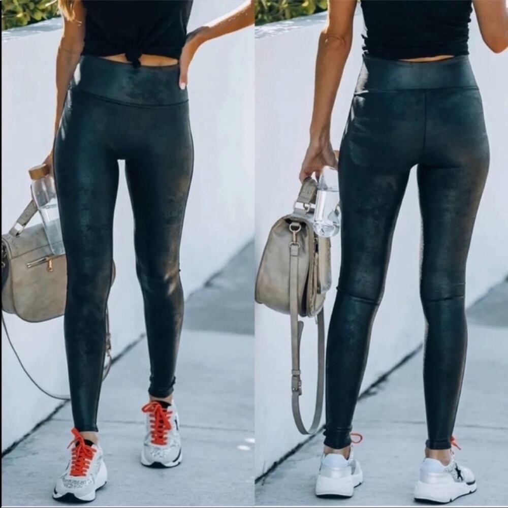 Spanx‎ High Waisted Faux Leather Metallic Black Leggings Womens Size L